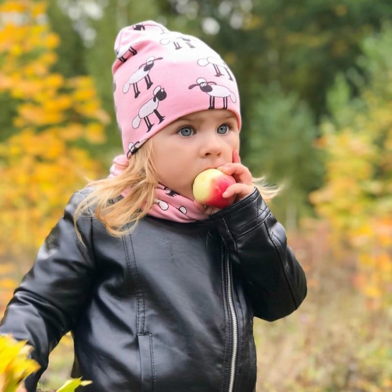 Chapeau et écharpe en coton imprimés dessin animé mouton pour enfants modernes, motifs animaux, casquettes pour enfants, bonnet bébé