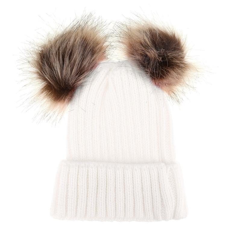 Casquettes Parent-enfant Tendance Mignon Bébé Pompon Casquette Hiver Double Balle de Fourrure Chapeau Bébé Maman Chapeau Tricoté Chaud