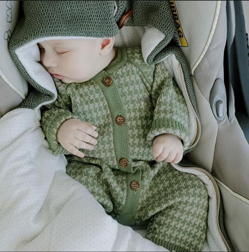 Grenouillère en coton tricotée pour nouveau-né avec bonnet à carreaux, combinaison pour bébés filles et garçons