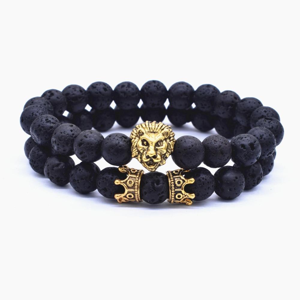 Bracelet classique, vintage et élégant avec tête de lion et couronne de luxe, perles en pierre de lave naturelle, bracelet étonnant, idéal pour les bijoux de mode pour hommes