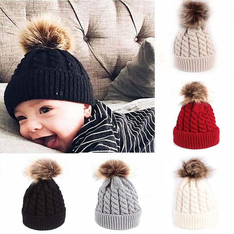 Bonnet bébé chaud hiver, avec pompon en fourrure, en tricot, pour nourrisson, tout-petit, enfant, style créateur moderne.