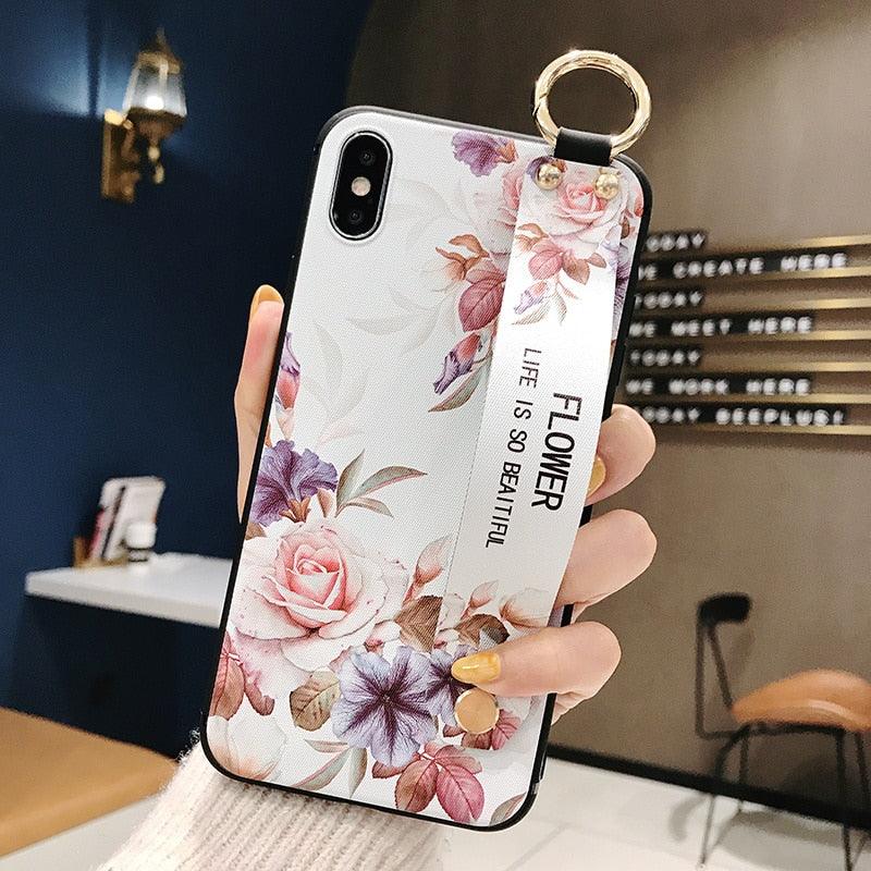 Coques de téléphone avec bracelet de fleurs roses pour iPhone 13 12 11 14 Pro MAX X XR XS MAX 7 8 Plus, étui avec bracelet, protection souple complète, étui de téléphone de protection fin et coloré pour iPhone