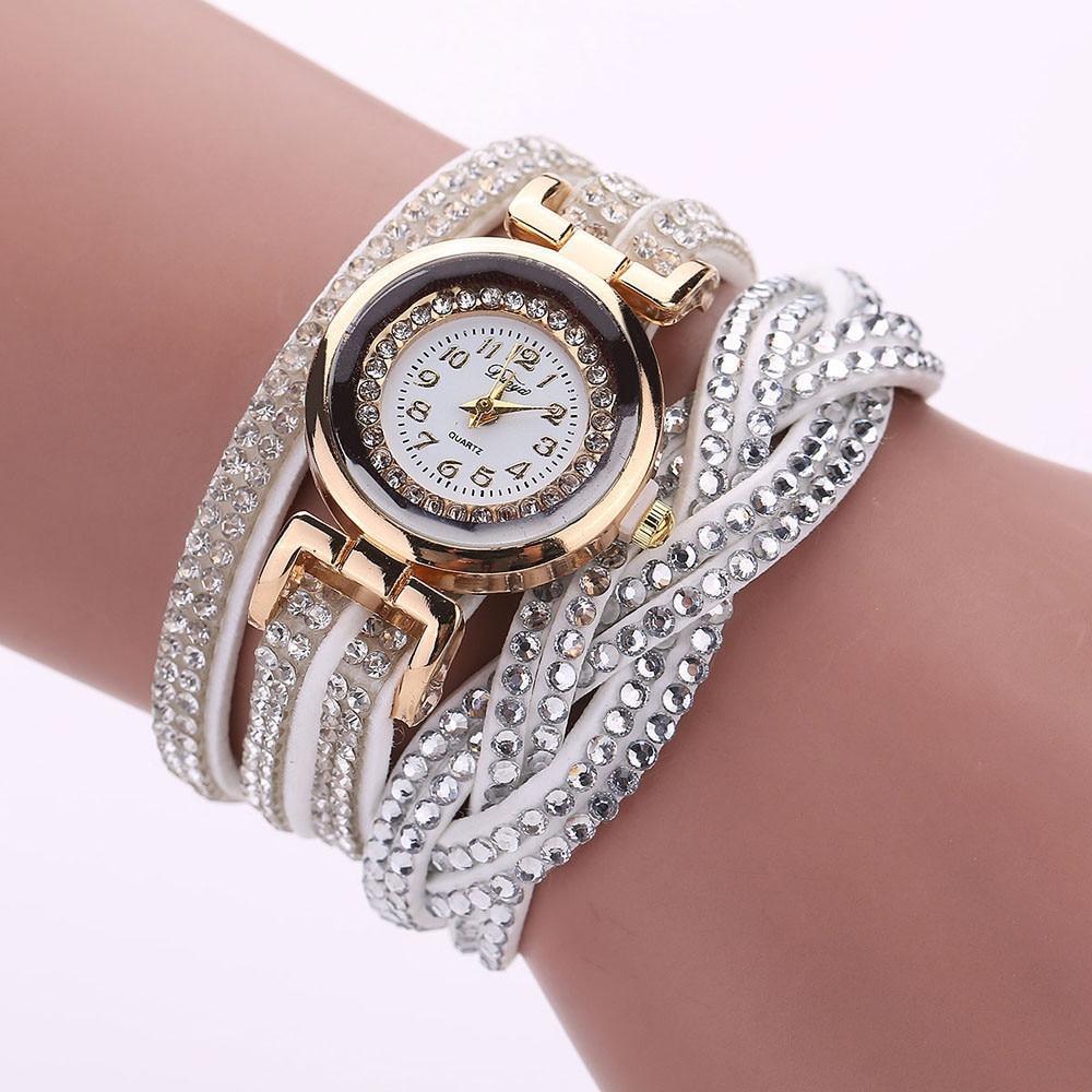 Montre décontractée tendance à quartz doré pour femme avec strass, bracelet en cuir tressé, cadeau, montre-bracelet pour femme