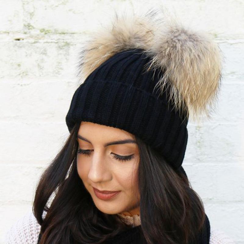 Casquettes Parent-enfant Tendance Mignon Bébé Pompon Casquette Hiver Double Balle de Fourrure Chapeau Bébé Maman Chapeau Tricoté Chaud