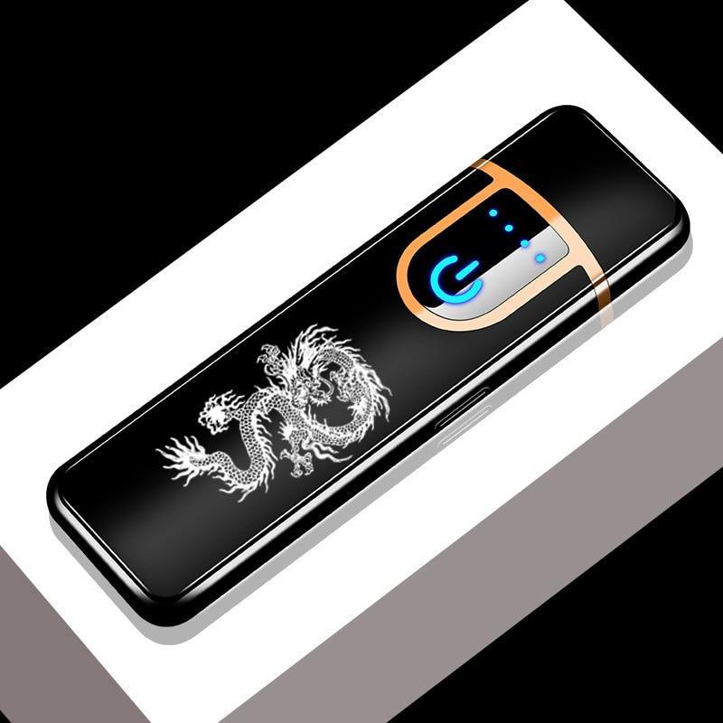Briquet Électronique USB Moderne de Luxe, Coupe-Vent, Mince, Coloré, avec Capteur Tactile et Gravure Dragon, Idéal pour un Cadeau