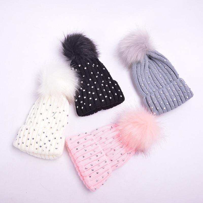 Chapeau Bébé Luxueux Enfant Nouveau-né à Pompon Casquette Tricotée Chaude Avec Strass pour Fille/Garçon Bonnet Doux pour Tout-petit