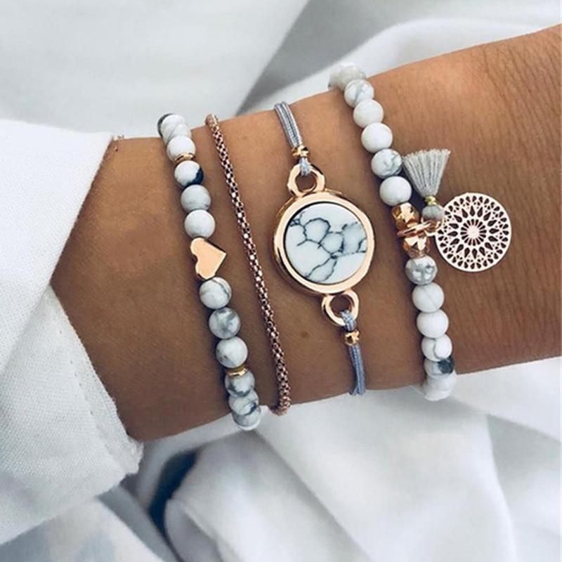 Ensemble de bracelets superposés avec pampilles et perles de cœur bohème en pierre faits à la main pour femmes, ensemble de chaînes en corde tressée réglables, bracelet de cheville pour femmes