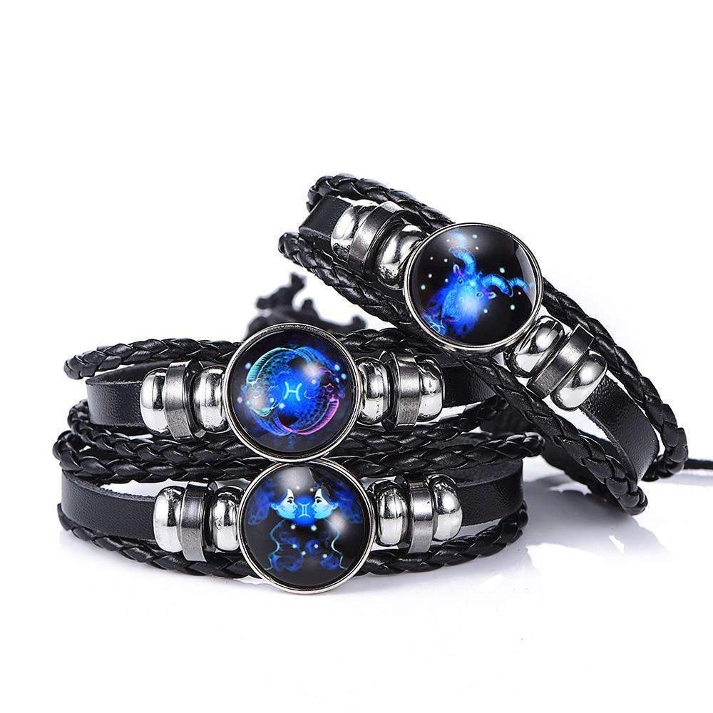 Nouveau Bracelet en Cuir Noir Élégant et Punk, Signe du Zodiaque 12 Constellations Gémeaux Lion Vierge Balance Scorpion, Pour Hommes et Femmes
