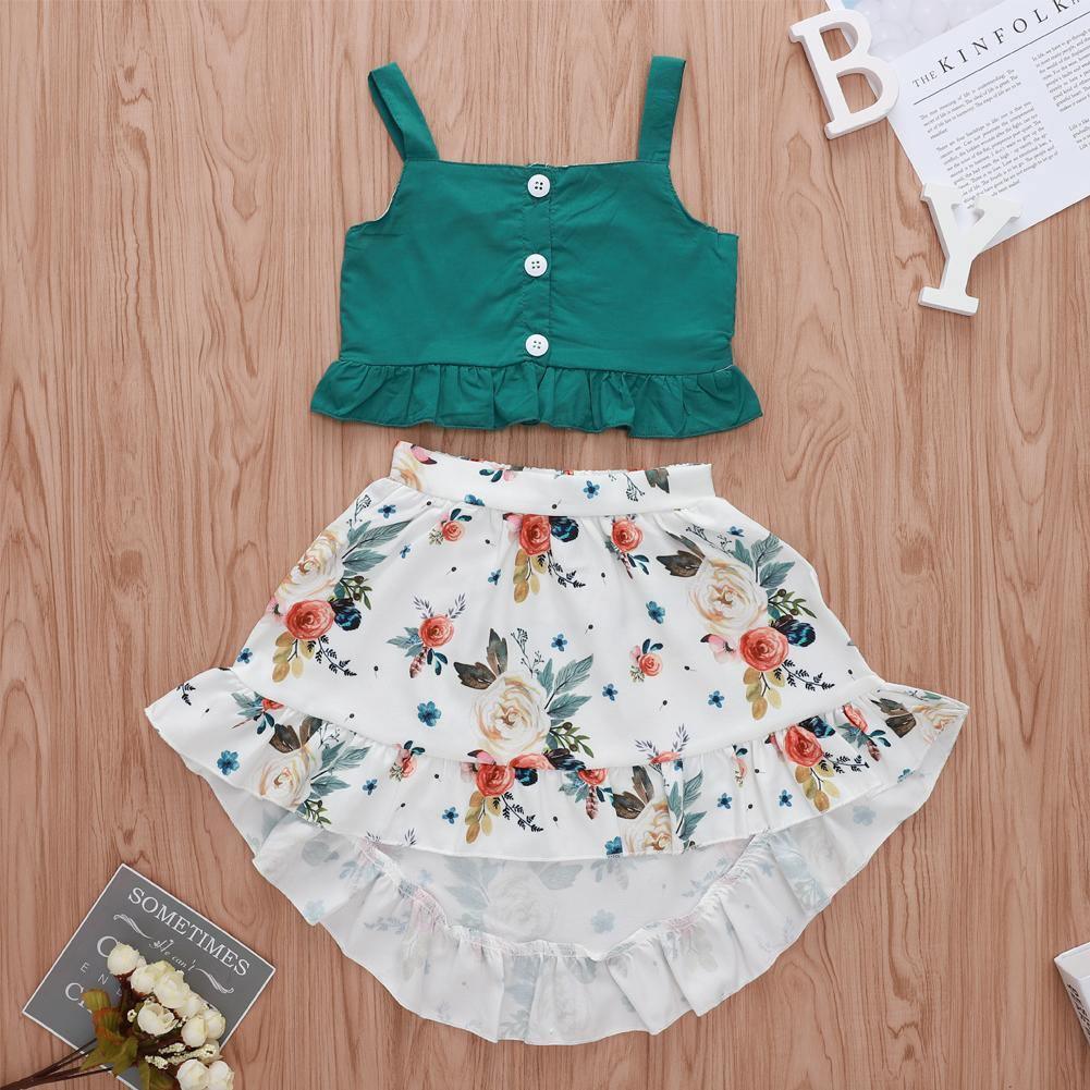 Robe élégante 2 pièces pour bébé fille avec hauts à volants et robe fleurie au design moderne et intéressant pour bébés filles