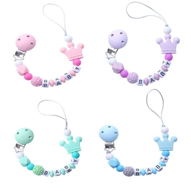 Attache-sucette personnalisée rose en silicone, perles de crochet, couronne en silicone, chaîne attache-sucette pour enfants et bébés.