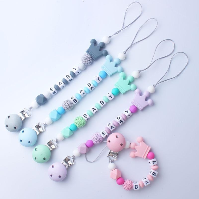 Attache-sucette personnalisée rose en silicone, perles de crochet, couronne en silicone, chaîne attache-sucette pour enfants et bébés.