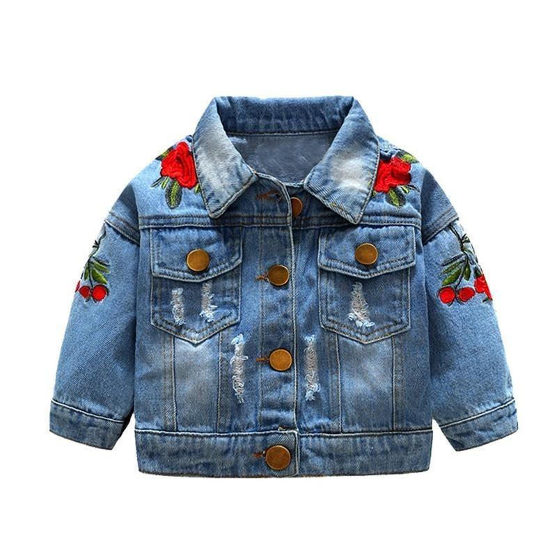 Manteau en Jean Moderne de Luxe pour Petites Filles Blouson Brodé Effiloché avec Roses