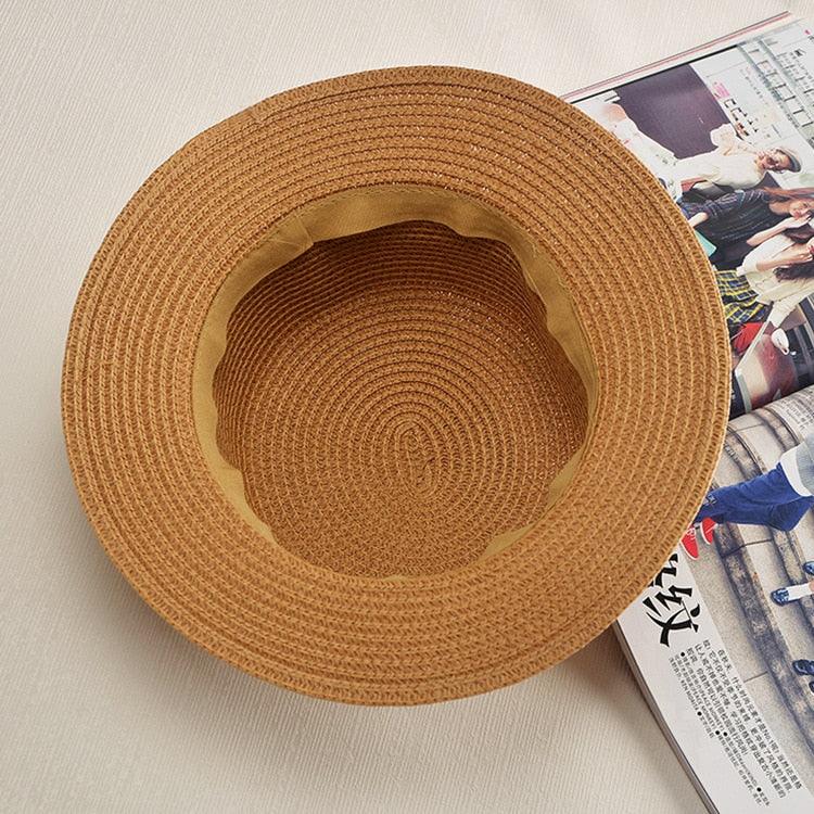 Chapeau de plage classique simple pour femme - Chapeau d'été décontracté en paille de couleur unie pour femme - Chapeau élégant pour voyage - Protection UV - Casquette de soleil pour femme - Design plat avec nœud - Casquette mignonne pour fille 56-58 cm