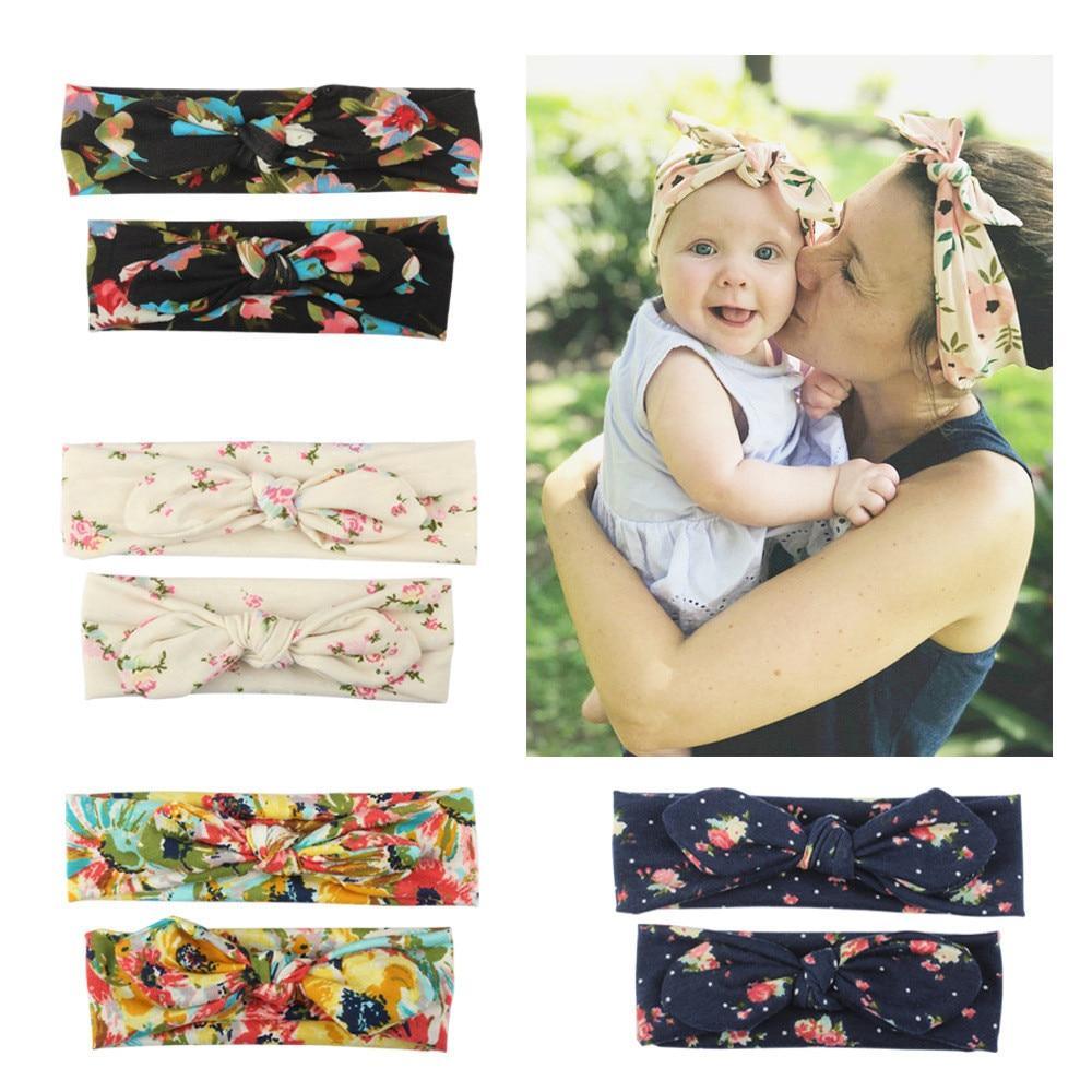 Bandeaux assortis mère-bébé turban faits main modernes Maman Fille Oreilles de lapin Imprimé floral Nœud