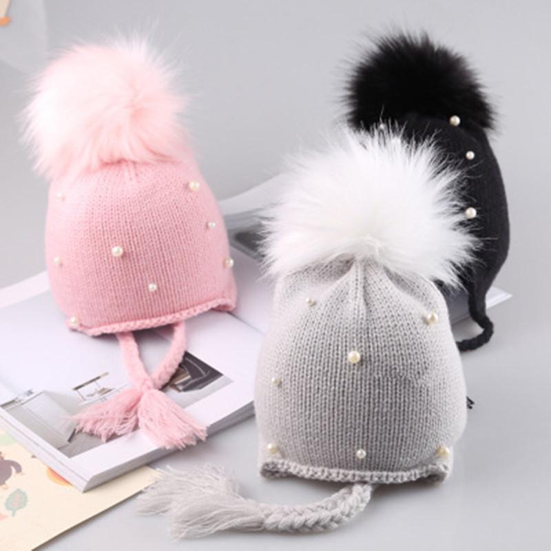 Magnifiques Bonnets Bébé Hiver Doux et Chaud en Tricot avec Pompon, pour Nouveau-nés, Enfants, Garçons et Filles, Motif Perles Mignonnes