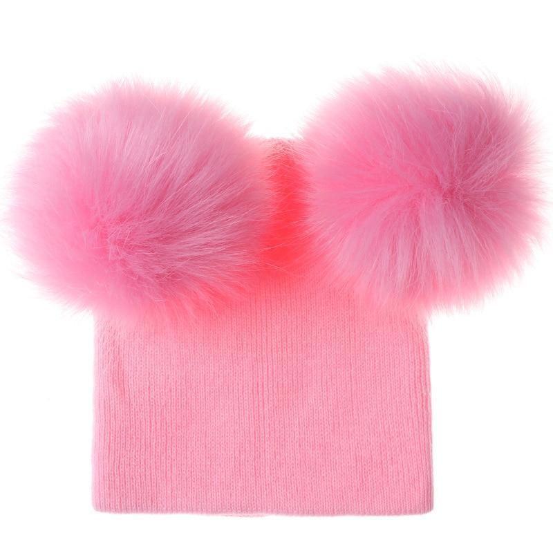 Nouvelle Tendance Bonnet Bébé Hiver Tricoté Chaud Double Pompon Fourrure Casquettes Bonnets Pour Filles Au Design Moderne