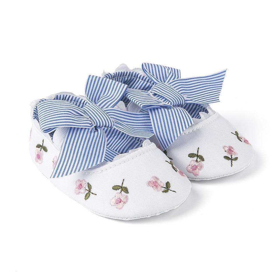 Chaussures de nouveau-né pour bébé fille, broderie florale, nœud rayé, premiers pas, semelles souples antidérapantes, chaussures de princesse