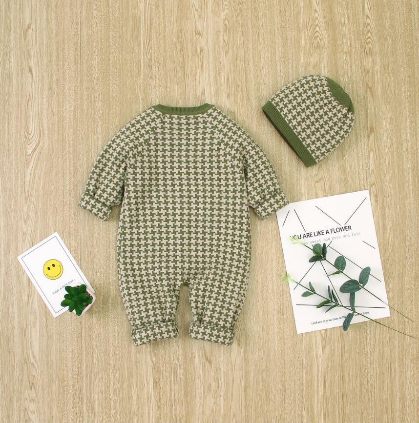 Grenouillère en coton tricotée pour nouveau-né avec bonnet à carreaux, combinaison pour bébés filles et garçons