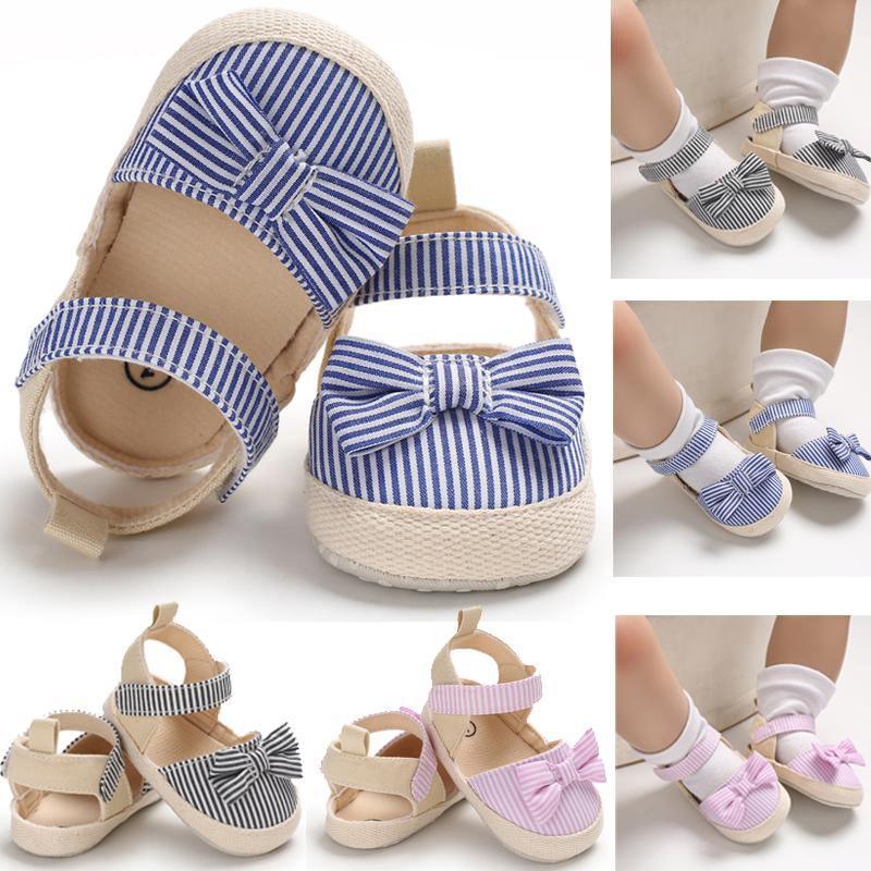 Bébé fille nouveau-né Rayé Noeud Sandales Chaussures souples Bébés Anti-dérapant Baskets Nouvelle Mode Sabots 0-18M