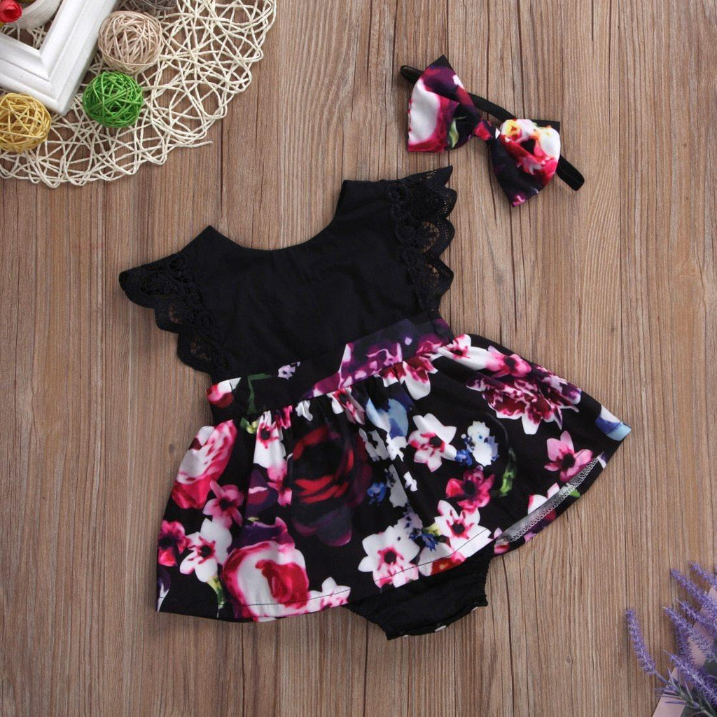 Barboteuse de luxe tendance pour bébé fille, robe tutu, bandeau, tenues florales, robe de soirée en fleurs, design intéressant avec nœud
