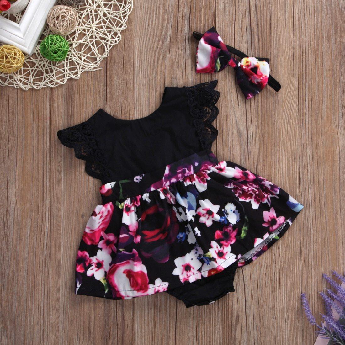 Barboteuse de luxe tendance pour bébé fille, robe tutu, bandeau, tenues florales, robe de soirée en fleurs, design intéressant avec nœud