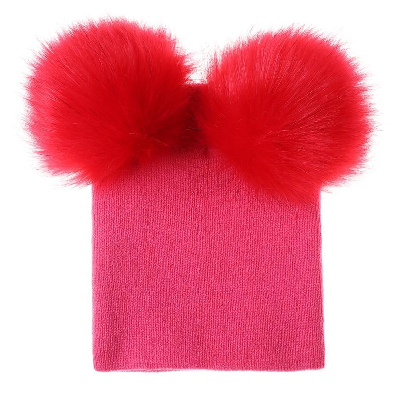 Nouvelle Tendance Bonnet Bébé Hiver Tricoté Chaud Double Pompon Fourrure Casquettes Bonnets Pour Filles Au Design Moderne