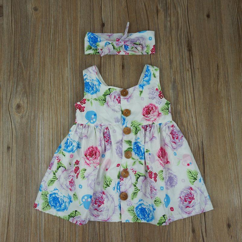 Bébé Fille Tout-Petit Robe Bretelles Florale Boutonnée Sans Manches avec Bandeau Assorti pour Enfants Filles