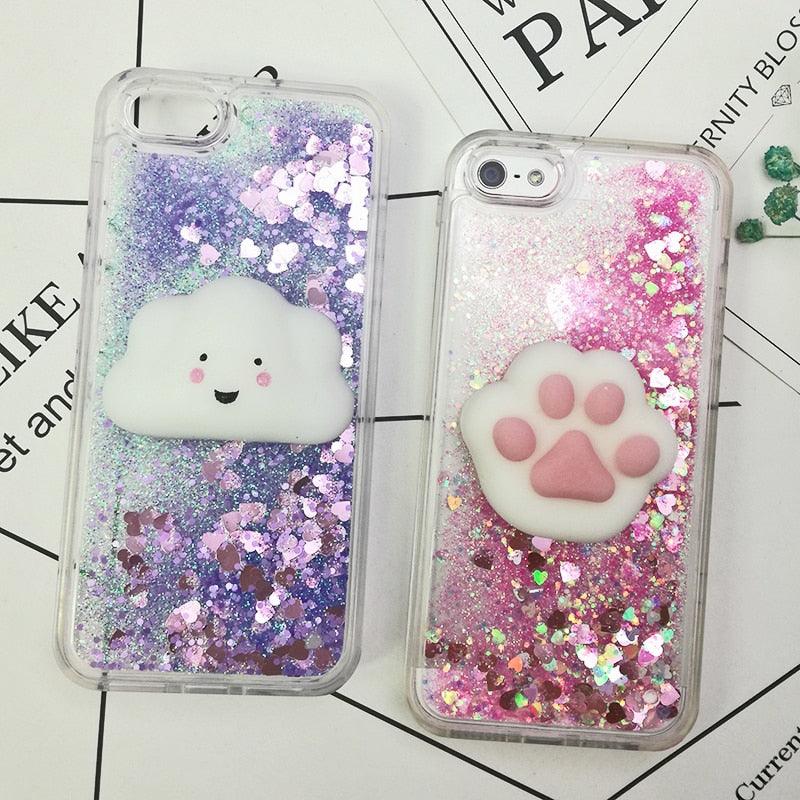 Coque 3D Chat pour iPhone 5s SE 7 7 Plus Coque Liquide Sable Mouvant Paillettes Silicone pour iPhone 8 8 Plus X 6 6s Étui Housse de Téléphone en Caoutchouc Silicone
