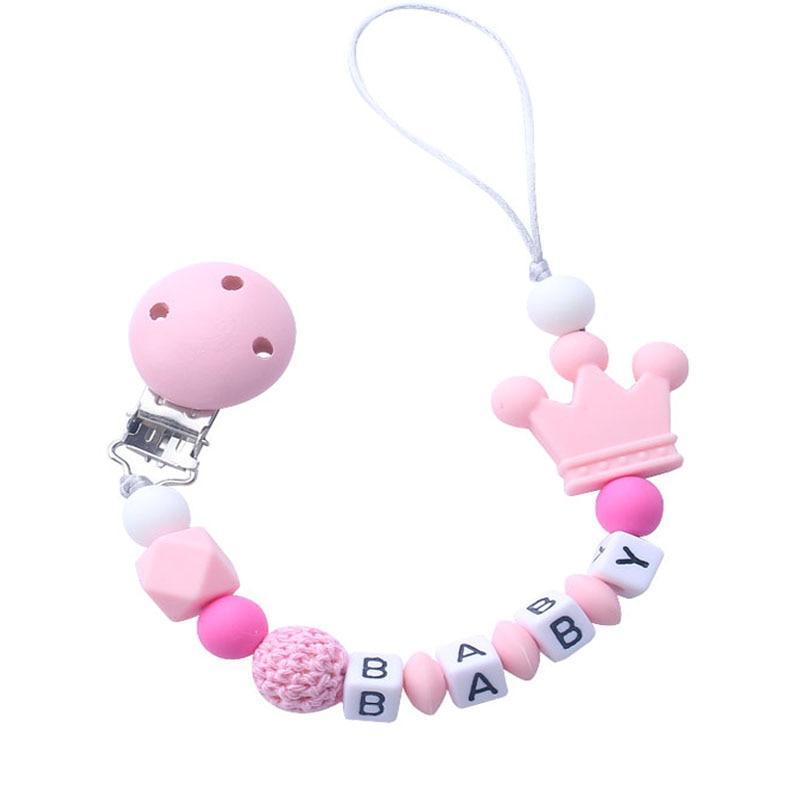 Attache-sucette personnalisée rose en silicone, perles de crochet, couronne en silicone, chaîne attache-sucette pour enfants et bébés.