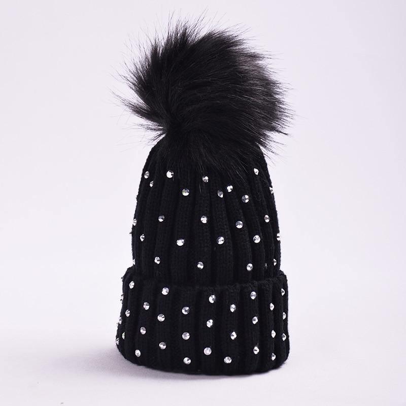 Chapeau Bébé Luxueux Enfant Nouveau-né à Pompon Casquette Tricotée Chaude Avec Strass pour Fille/Garçon Bonnet Doux pour Tout-petit