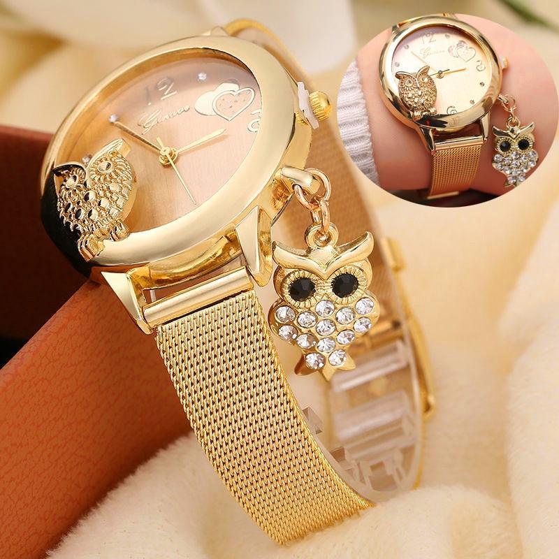 STEVVEX Gold Montre Bracelet Femme Quartz Or Rose Acier Inoxydable Maille Dames Montre-bracelet Horloge Hibou (Or) Pour Femmes et Filles