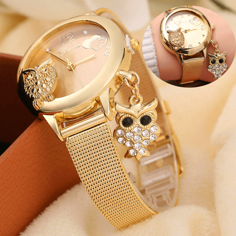 STEVVEX Gold Montre Bracelet Femme Quartz Or Rose Acier Inoxydable Maille Dames Montre-bracelet Horloge Hibou (Or) Pour Femmes et Filles