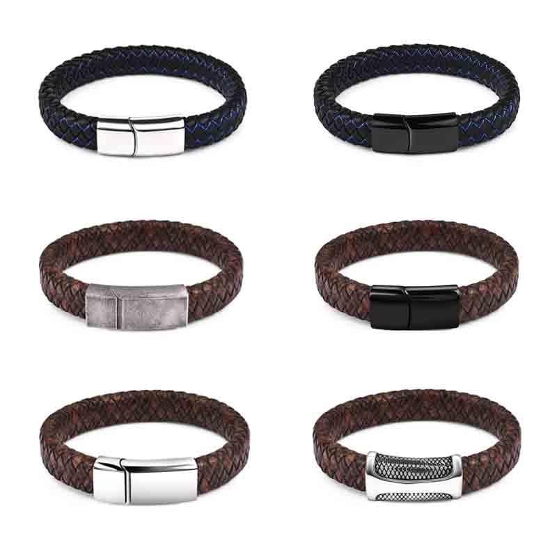 Bracelet en cuir tressé de luxe artisanal pour homme en cuir noir et bleu avec design en acier inoxydable