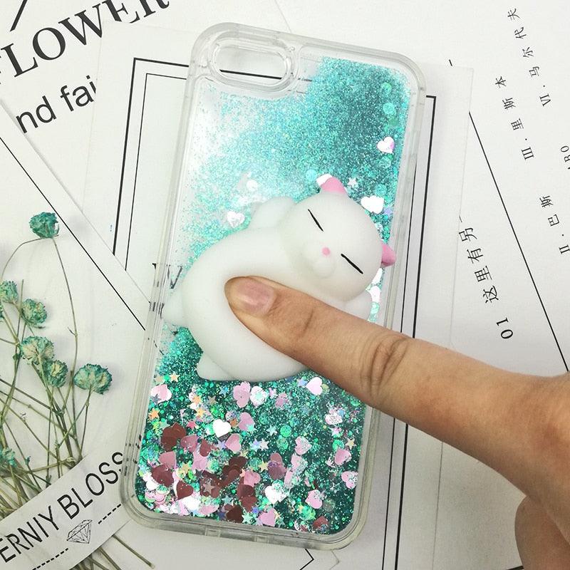 Coque 3D Chat pour iPhone 5s SE 7 7 Plus Coque Liquide Sable Mouvant Paillettes Silicone pour iPhone 8 8 Plus X 6 6s Étui Housse de Téléphone en Caoutchouc Silicone