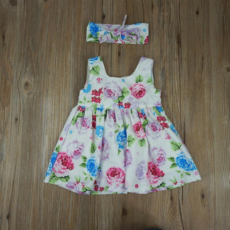 Bébé Fille Tout-Petit Robe Bretelles Florale Boutonnée Sans Manches avec Bandeau Assorti pour Enfants Filles