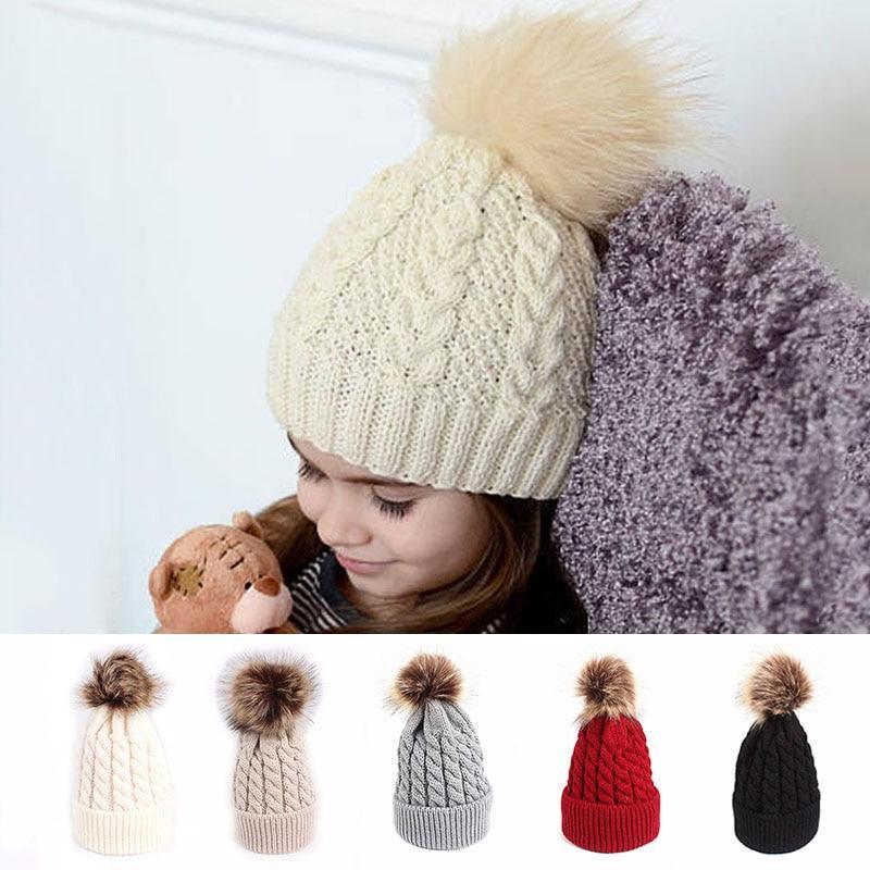 Bonnet bébé chaud hiver, avec pompon en fourrure, en tricot, pour nourrisson, tout-petit, enfant, style créateur moderne.