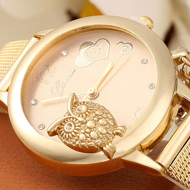 STEVVEX Gold Montre Bracelet Femme Quartz Or Rose Acier Inoxydable Maille Dames Montre-bracelet Horloge Hibou (Or) Pour Femmes et Filles
