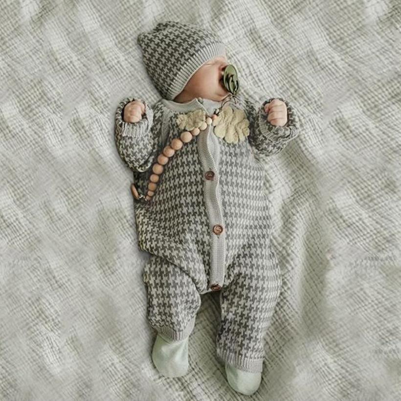 Grenouillère en coton tricotée pour nouveau-né avec bonnet à carreaux, combinaison pour bébés filles et garçons