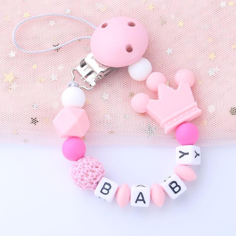 Attache-sucette personnalisée rose en silicone, perles de crochet, couronne en silicone, chaîne attache-sucette pour enfants et bébés.
