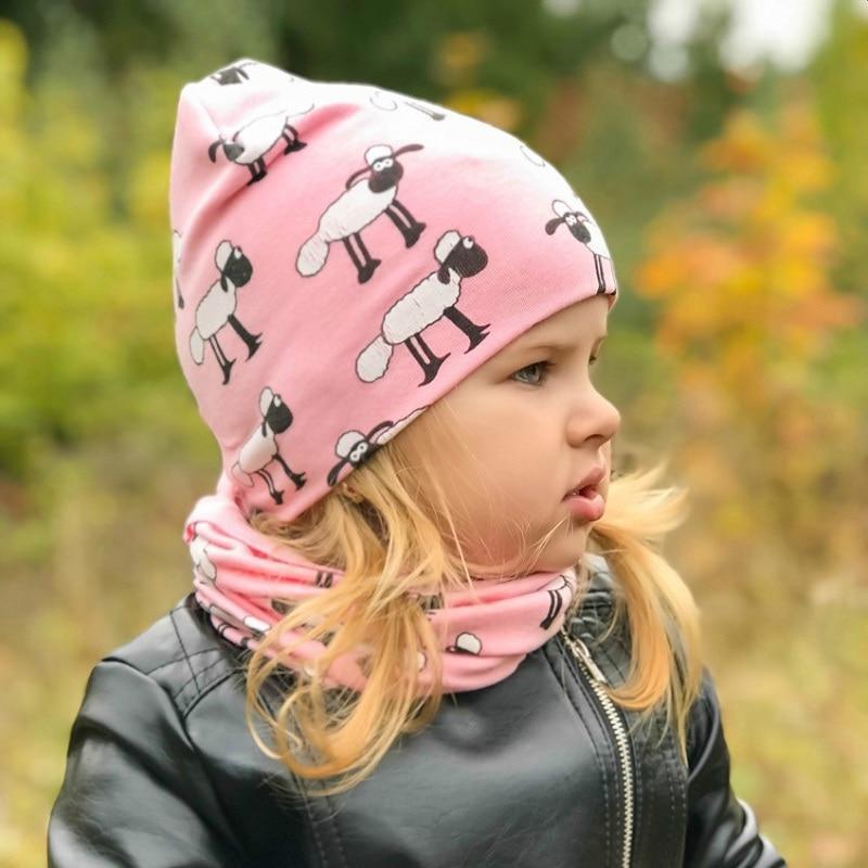 Chapeau et écharpe en coton imprimés dessin animé mouton pour enfants modernes, motifs animaux, casquettes pour enfants, bonnet bébé