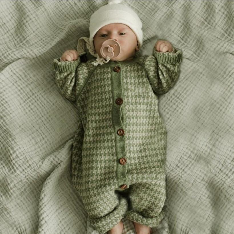 Grenouillère en coton tricotée pour nouveau-né avec bonnet à carreaux, combinaison pour bébés filles et garçons