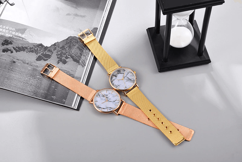 Mode Or Rose Maille Bande Créative Marbre Montre-Bracelet Féminine Montres À Quartz De Luxe Pour Femmes Cadeaux Pour Femmes Et Filles