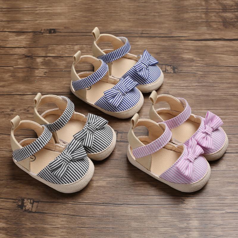 Bébé fille nouveau-né Rayé Noeud Sandales Chaussures souples Bébés Anti-dérapant Baskets Nouvelle Mode Sabots 0-18M