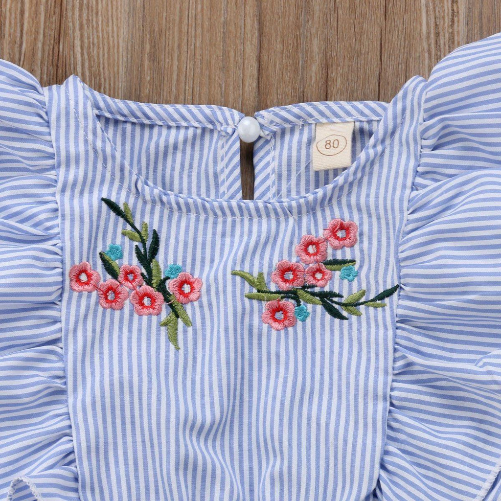 Barboteuse/combinaison d'été pour bébé fille, manches courtes pétales, taille élastique, imprimé floral, rayures bleues, robe en dentelle