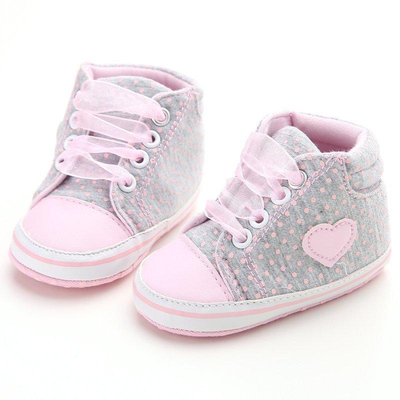 Baskets Premiers Pas Bébé Fille Points Cœur Automne Lacets Semelle Souple Coton