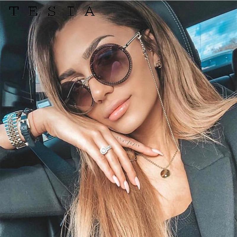 Célèbre Lunettes de Soleil Rondes Rétro Sans Monture Élégantes pour Femme et Dame avec Zircons et Diamants et Protection UV400