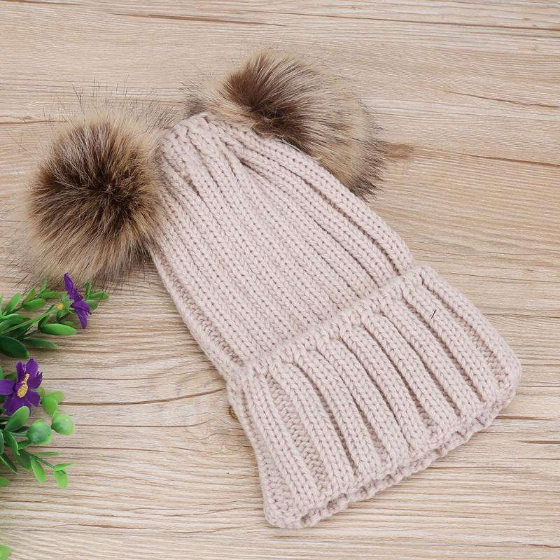 Casquettes Parent-enfant Tendance Mignon Bébé Pompon Casquette Hiver Double Balle de Fourrure Chapeau Bébé Maman Chapeau Tricoté Chaud