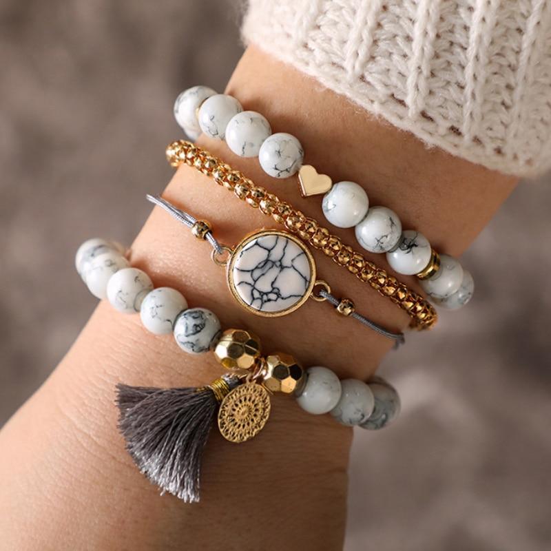 Ensemble de bracelets superposés avec pampilles et perles de cœur bohème en pierre faits à la main pour femmes, ensemble de chaînes en corde tressée réglables, bracelet de cheville pour femmes