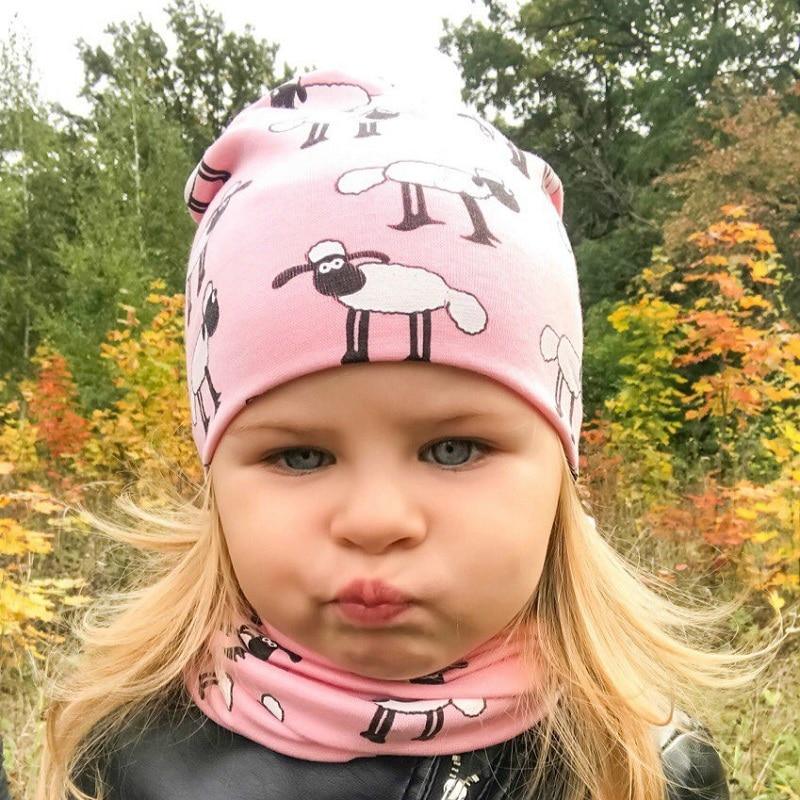 Chapeau et écharpe en coton imprimés dessin animé mouton pour enfants modernes, motifs animaux, casquettes pour enfants, bonnet bébé
