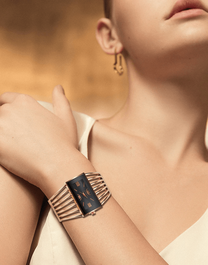 Montre élégante pour femme, de luxe, à la mode, bracelet jonc en or rose, montre habillée pour femme, horloge féminine, montre-bracelet Saati pour femmes et filles